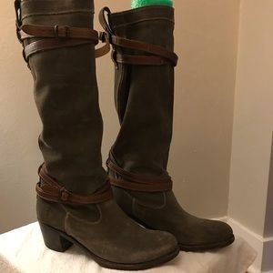 Frye Jane Strappy Knee High Boots.  Grey